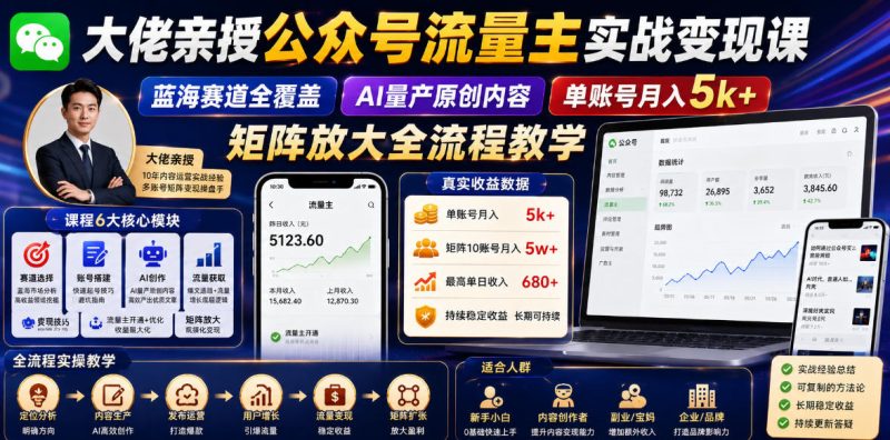 大佬亲授公众号流量主实战变现课,蓝海赛道全覆盖,AI量产原创内容,单账号月入5k+矩阵放大全流程教学-初遇资源网