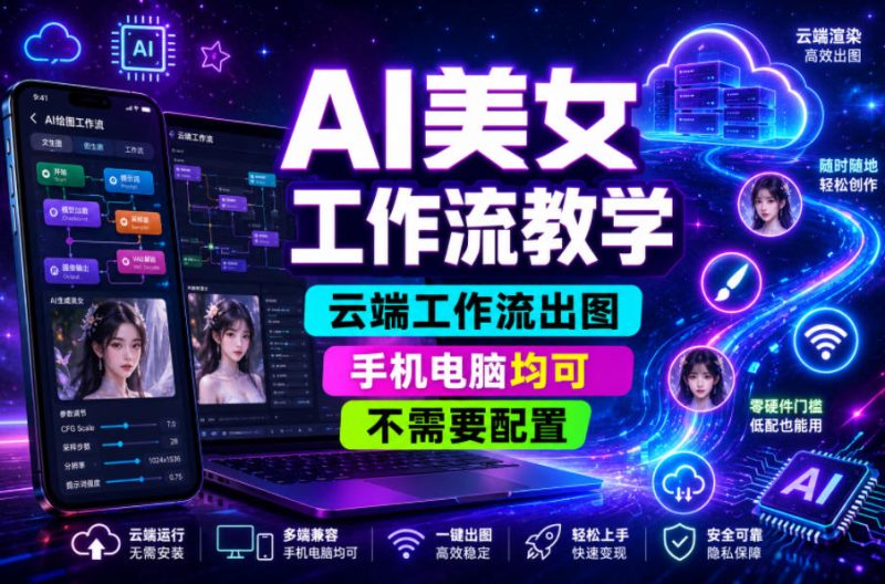 AI美女工作流教学,云端工作流出图,手机电脑均可,不需要配置,快速起号涨粉-初遇资源网