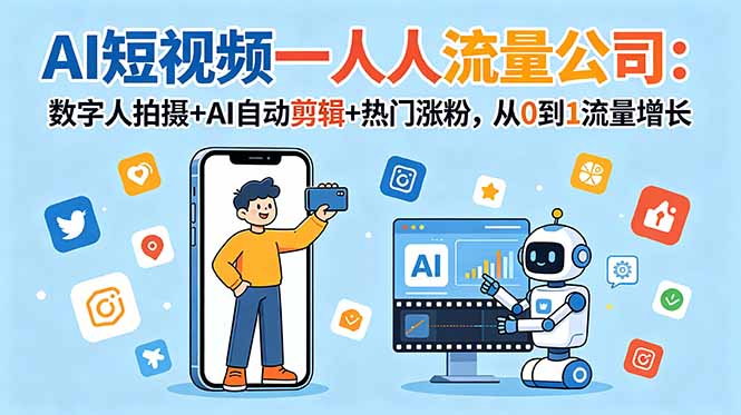 AI短视频一人流量公司:数字人拍摄+AI自动剪辑+热门涨粉,从0到1流量增长-初遇资源网