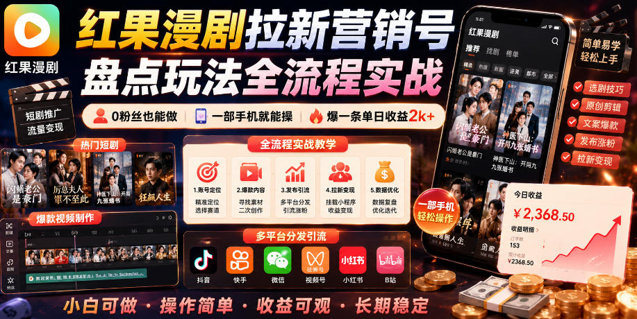 【冒泡网】红果漫剧拉新营销号盘点玩法全流程实战，0粉丝也能做，一部手机就能做，爆一条单日收益2k+ - 初遇资源网