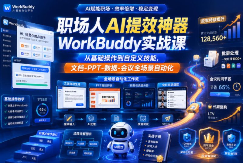 职场人AI提效神器WorkBuddy实战课,从基础操作到自定义技能,文档-PPT-数据-会议全场景自动化-初遇资源网