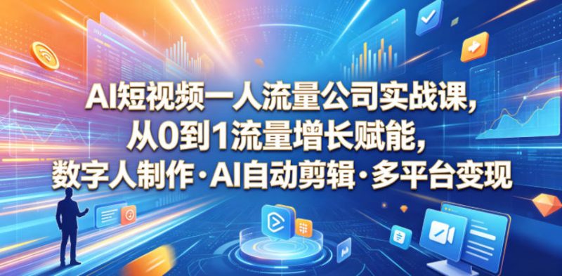 AI短视频一人流量公司实战课,从0到1流量增长赋能,数字人制作・AI自动剪辑・多平台变现,一人做流量生意全落地教程-初遇资源网