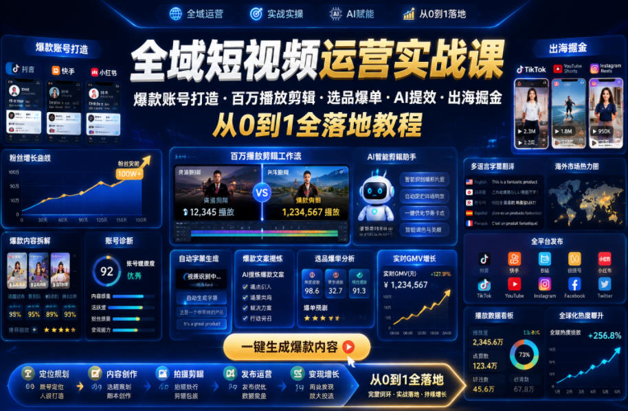 【冒泡网】全域短视频运营实战课，爆款账号打造・百万播放剪辑・选品爆单・AI提效・出海掘金，从0到1全落地教程 - 初遇资源网