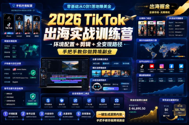2026 TikTok出海实战训练营,环境配置 + 剪辑 + 全变现路径,手把手教你做跨境副业-初遇资源网