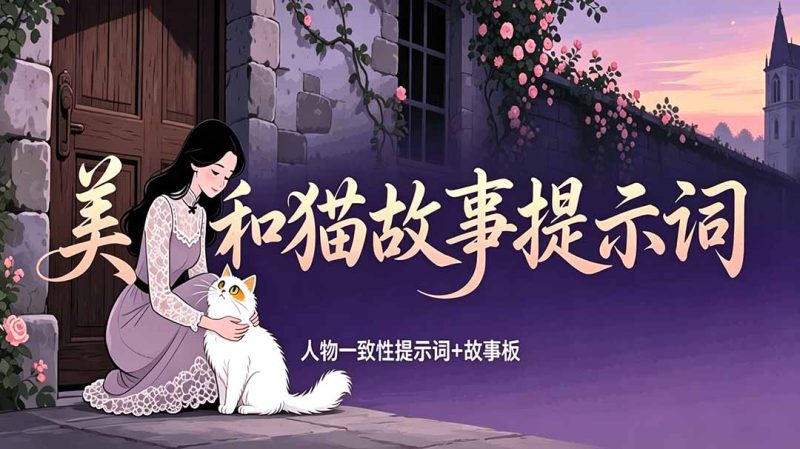 美女和猫故事提示词,人物一致性提示词+故事板-初遇资源网