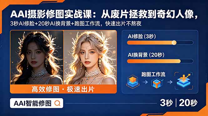 AI摄影修图实战课:从废片拯救 到 奇幻人像,3秒AI修脸+20秒AI换背景+跑图工作流,快速出片不熬夜-初遇资源网