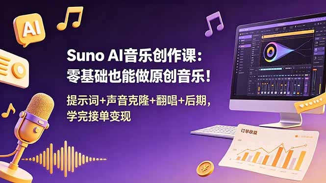 Suno AI音乐创作课:零基础也能做原创音乐!提示词+声音克隆+翻唱+后期,学完接单变现-初遇资源网