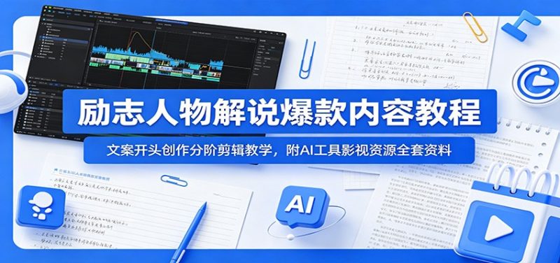 励志人物解说爆款内容教程:文案开头创作分阶剪辑教学,附AI 工具影视资源全套资料-初遇资源网