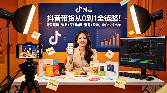 抖音带货从0到1全链路!账号搭建+选品+原创拍摄+混剪+投流,小白快速出单-初遇资源网