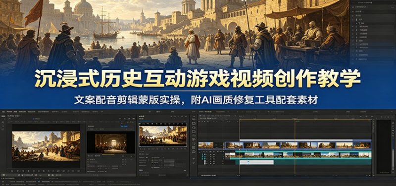 沉浸式历史互动游戏视频创作教学:文案配音剪辑蒙版实操,附AI画质修复工具配套素材-初遇资源网