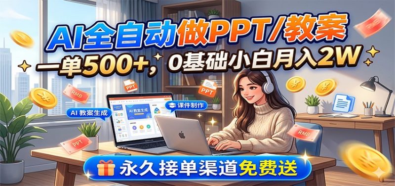 AI全自动做PPT/教案，一单500+，0基础小白月入2W，永久接单渠道免费送-初遇资源网