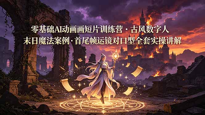 零基础AI动画短片训练营，古风数字人末日魔法案例，首尾帧运镜对口型全套实操讲解-初遇资源网
