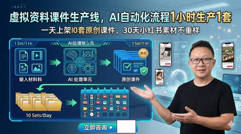 虚拟资料课件生产线，AI自动化流程1小时生产1套，一天上架10套原创课件，30天小红书素材不重样-初遇资源网
