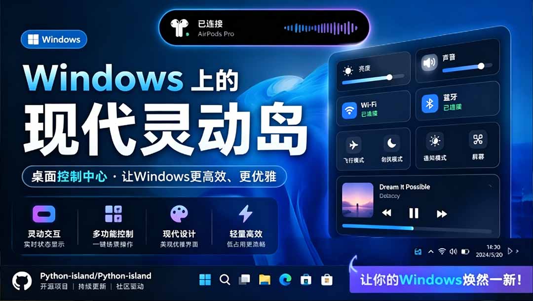 【中创网】Windows也能拥有桌面灵动岛！现代化的系统控制中心，让你的电脑多个黑刘海，PyIsland - 初遇资源网