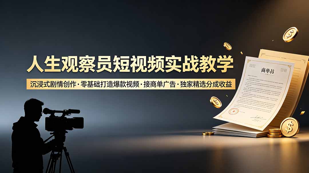 【中创网】人生观察员短视频实战教学，沉浸式剧情创作，零基础打造爆款视频，接商单广告，独家精选分成收益 - 初遇资源网