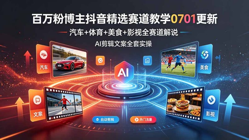 百万粉博主抖音精选赛道教学-0701更新,汽车+体育+美食+影视全赛道解说,AI剪辑文案全套实操-初遇资源网
