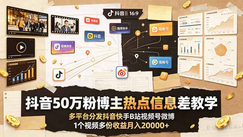 抖音50万粉博主热点信息差教学:多平台分发抖音快手B站视频号微博,1个视频多份收益月入20000+-初遇资源网