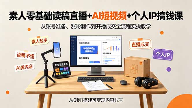 素人零基础读稿直播+AI短视频+个人IP搞钱课,从账号准备、涨粉制作到开播成交全流程实操教学-初遇资源网