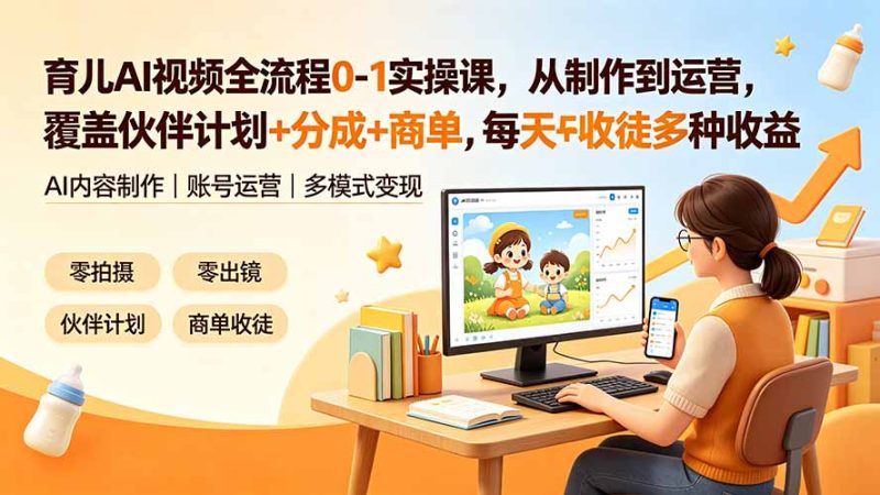 育儿AI视频全流程0-1实操课,从制作到运营,覆盖伙伴计划+分成+商单+收徒多种收益,每天500+收益-初遇资源网