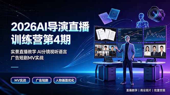 2026AI导演直播训练营第4期,实景直播教学AI分镜视听语言,广告短剧MV实战,解决人物画面崩坏痛点-初遇资源网