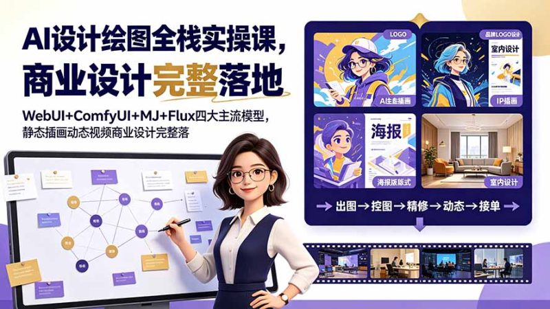 AI设计绘图全栈实操课，WebUI+ComfyUI+MJ+Flux四大主流模型，静态插画动态视频商业设计完整落地教程-初遇资源网