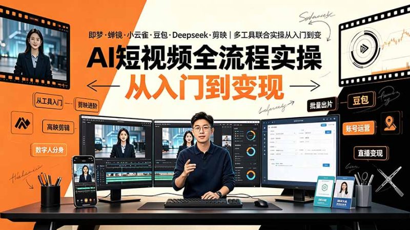AI短视频全流程实操:即梦·蝉镜·小云雀·豆包·Deepseek·剪映|多工具联合实操从入门到变现-初遇资源网