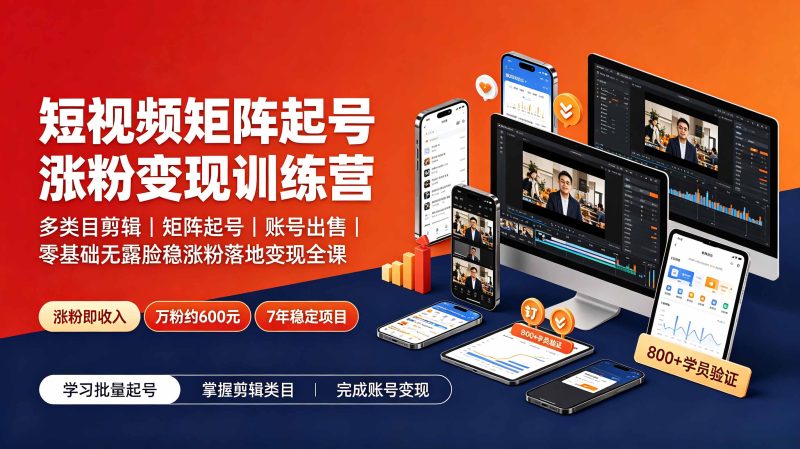 短视频矩阵起号涨粉变现训练营|多类目剪辑·矩阵起号·账号出售,零基础无露脸稳涨粉落地变现全课-初遇资源网