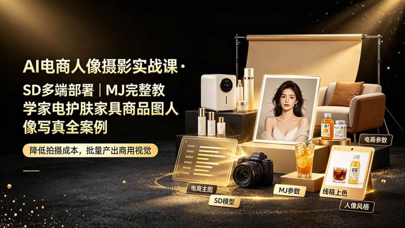AI电商人像摄影实战课·SD多端部署|MJ完整教学|家电护肤家具商品图人像写真全案例-初遇资源网