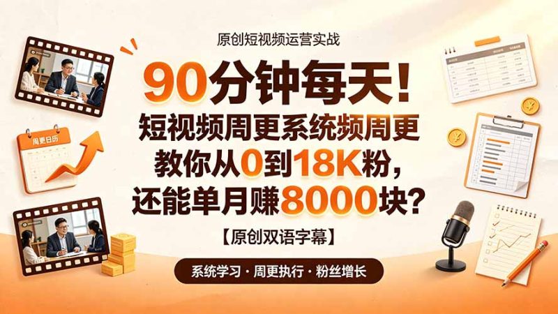 90 分钟每天！短视频周更系统教你从 0 到 18K 粉，还能单月赚 8000 块？【原创双语字幕】-初遇资源网