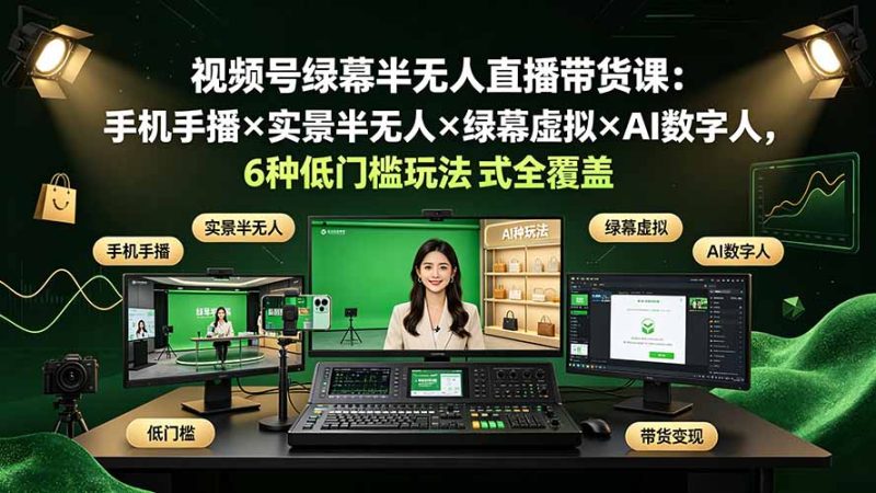视频号绿幕半无人直播带货课:手机手播×实景半无人×绿幕虚拟×AI数字人,6种低门槛玩法全覆盖-初遇资源网