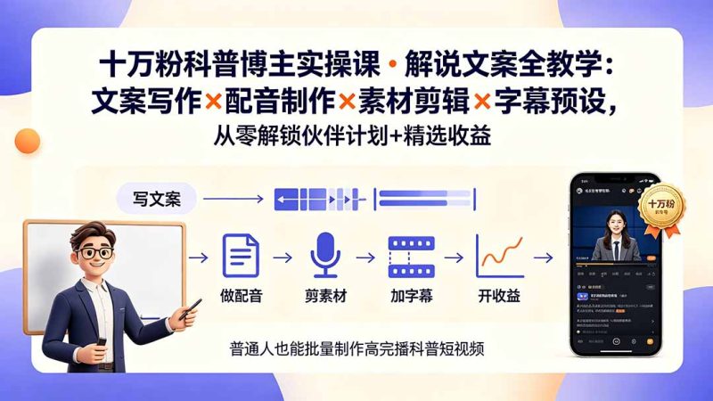 10万粉科普博主实操课-解说文案全教学：文案写作×配音制作×素材剪辑×字幕预设，从零解锁伙伴计划+精选收益-初遇资源网