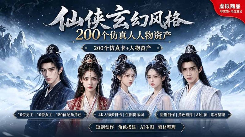 200个仙侠玄幻仿真人素材◆10男主×10女主×180配角，4K资料卡+AI生图提示词，漫剧必备-初遇资源网