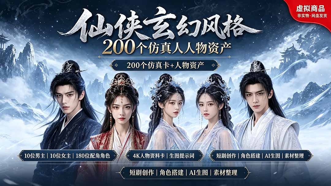 【中创网】200个仙侠玄幻仿真人素材◆10男主×10女主×180配角，4K资料卡+AI生图提示词，漫剧必备 - 初遇资源网
