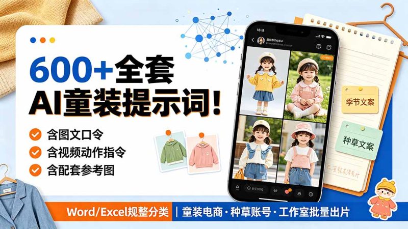 600+全套AI童装提示词！含图文口令+视频动作指令+配套参考图，Word/Excel规整分类，童装电商、种草无脑量产内容-初遇资源网