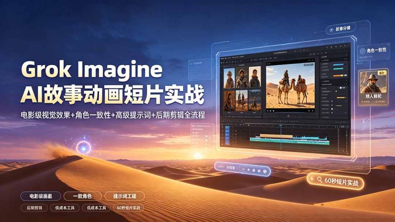 Grok Imagine AI故事动画短片实战：电影级视觉效果+角色一致性+高级提示词+后期剪辑全流程-初遇资源网