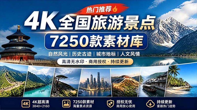 热门全国旅游风景素材！4K全国旅游景点素材库，7250款素材，旅行达人城市航拍风景风光高清短视频-初遇资源网