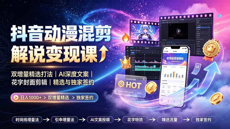 抖音动漫混剪解说变现课：双增量精选打法｜AI深度文案｜花字封面剪辑｜ 精选与独家签约日入1000+-初遇资源网