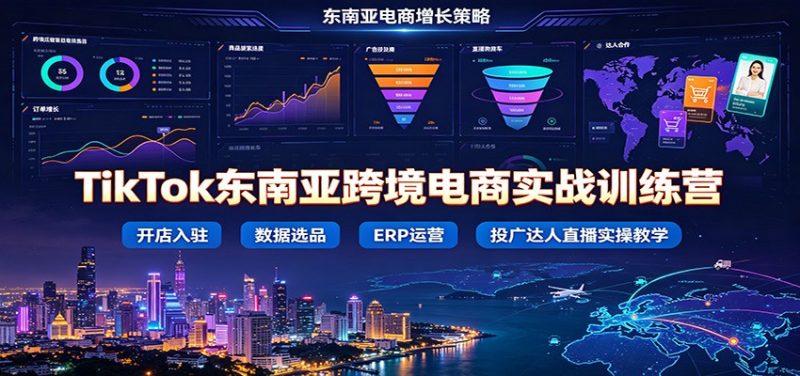 TikTok东南亚跨境电商实战训练营：开店入驻数据选品ERP运营，投广达人直播实操教学-初遇资源网