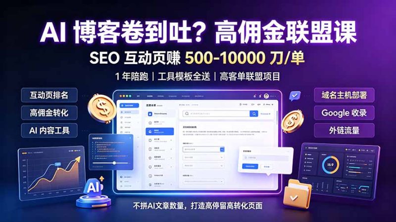AI 博客卷到吐?高佣金联盟课:SEO 互动页赚 500-10000 刀 单,1 年陪跑 + 工具模板全送-初遇资源网