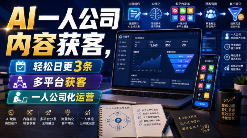 AI一人公司内容获客,轻松日更3条,多平台获客,一人公司化运营-初遇资源网