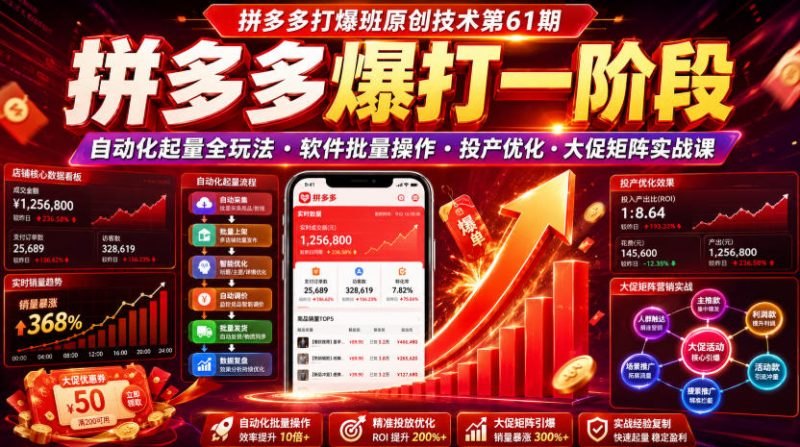 拼多多打爆班原创技术第61期,拼多多爆打一阶段,自动化起量全玩法・软件批量操作・投产优化・大促矩阵实战课-初遇资源网