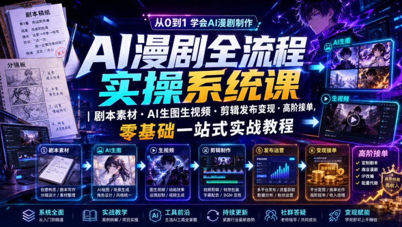 AI漫剧全流程实操系统课|剧本素材・AI生图生视频・剪辑发布变现・高阶接单,零基础一站式实战教程-初遇资源网