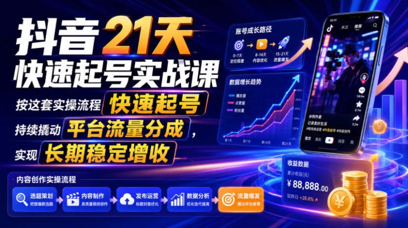 抖音21天快速起号实战课,按这套实操流程快速起号,持续撬动平台流量分成,实现长期稳定增收-初遇资源网