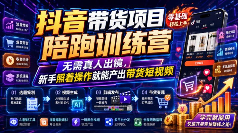 抖音带货项目陪跑训练营,无需真人出镜,新手照着操作就能产出带货短视频-初遇资源网
