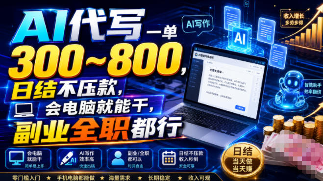 AI代写一单300~800,日结不压款,会电脑就能干,副业全职都行-初遇资源网