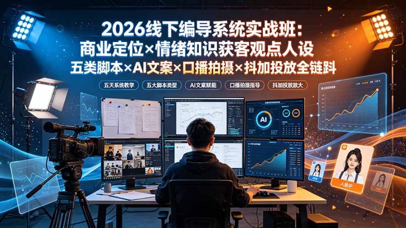 2026线下编导系统实战班:商业定位×情绪知识获客观点人设五类脚本×AI文案×口播拍摄×抖加投放全链路-初遇资源网