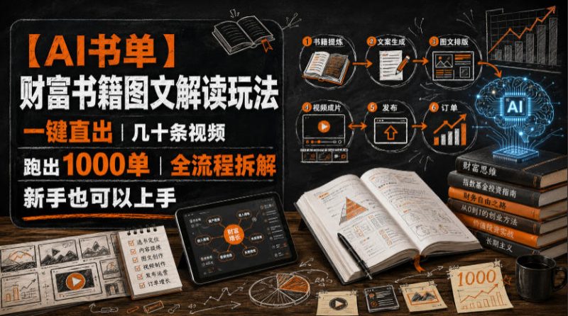 【AI书单】财富书籍图文解读玩法，一键直出，几十条视频，跑出1000单，全流程拆解，新手也可以上手-初遇资源网