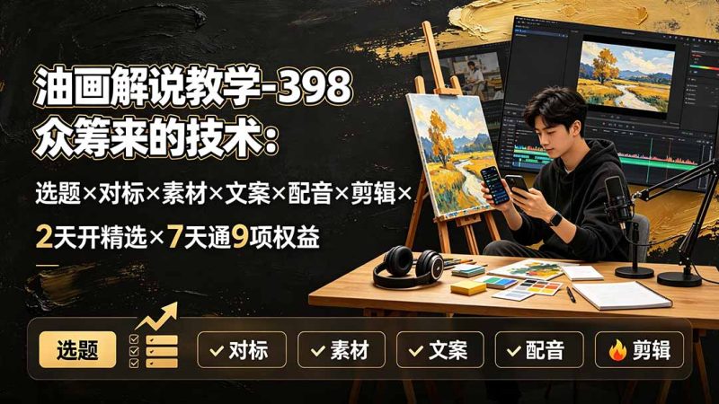 油画解说教学-398众筹来的技术-刯新:选题×对标×素材×文案×配音×剪辑×2天开精选×7天通9项权益-初遇资源网