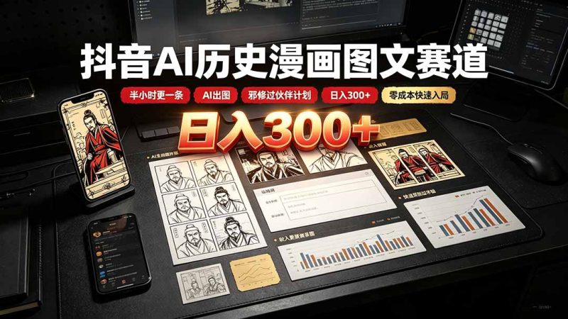 抖音AI历史漫画图文赛道:半小时更一条×AI出图×邪修过伙伴计划×日入300+,零成本快速入局-初遇资源网