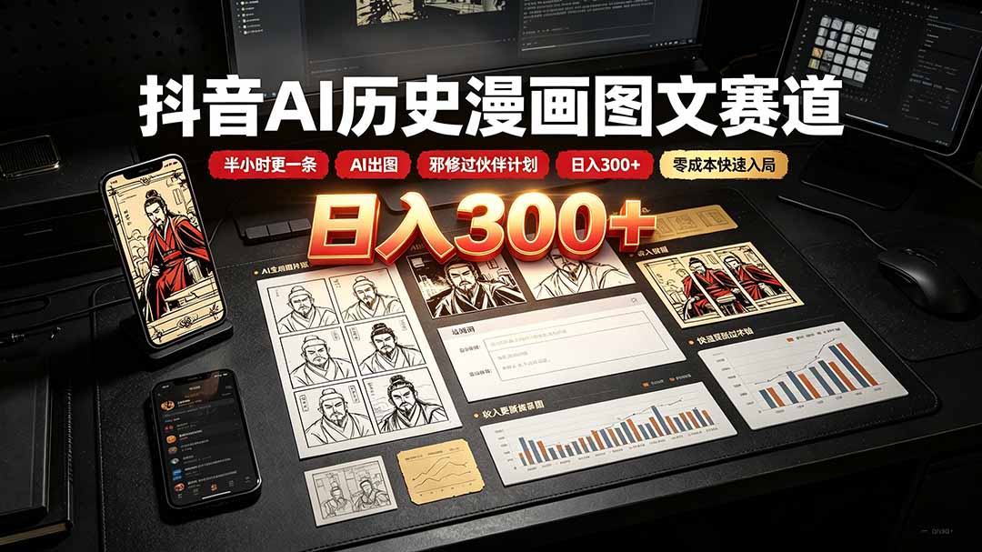【中创网】抖音AI历史漫画图文赛道：半小时更一条×AI出图×邪修过伙伴计划×日入300+，零成本快速入局 - 初遇资源网